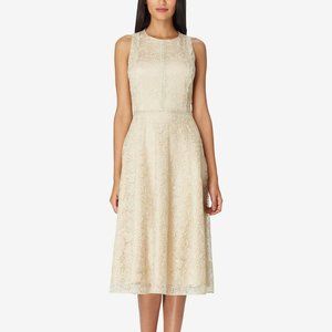 TAHARI CHAMPAGNE GOLD LACE FIT & FLARE MIDI DRESS 14 NWT